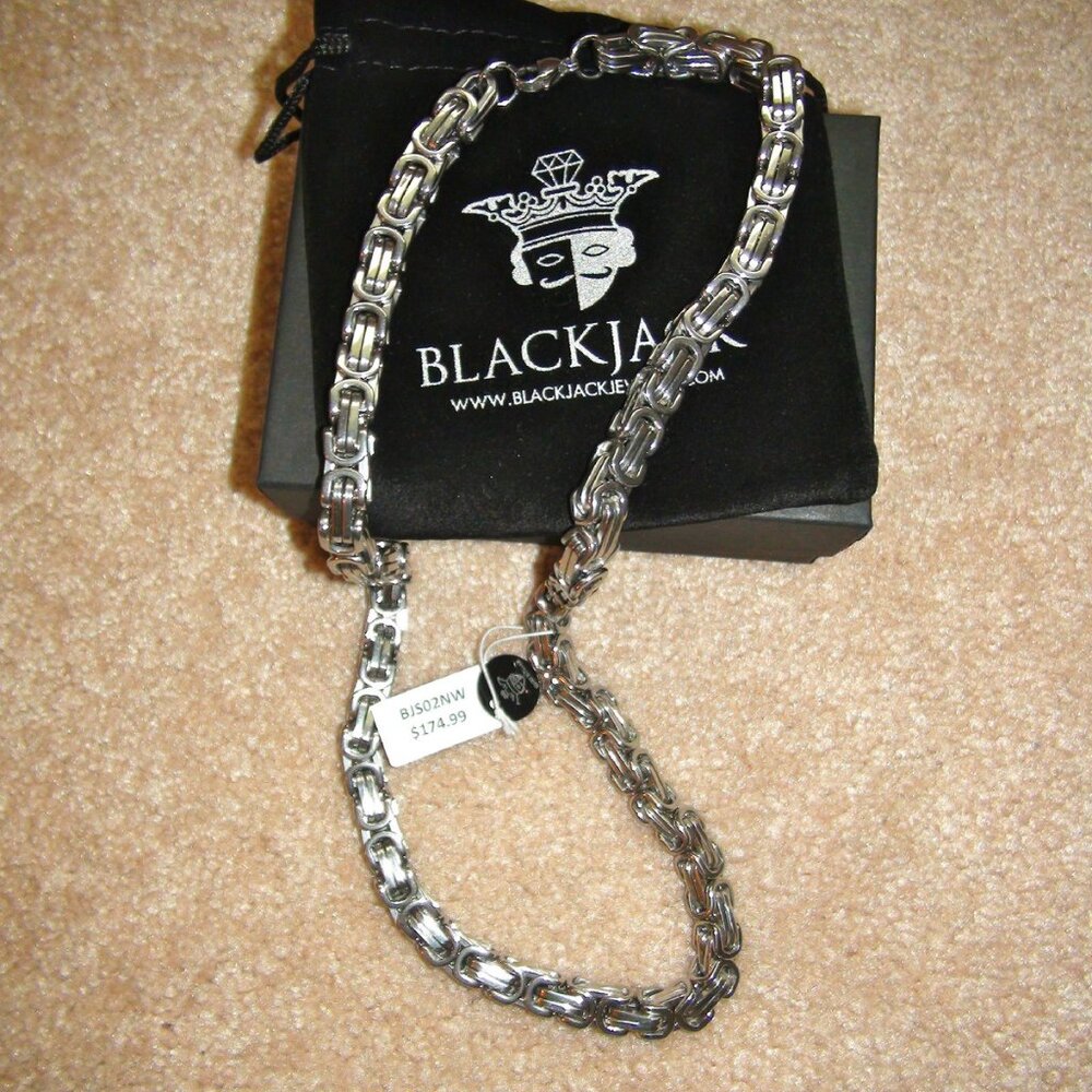 Blackjack Silver Stainless Steel Brushed Byzantine Necklace Chain